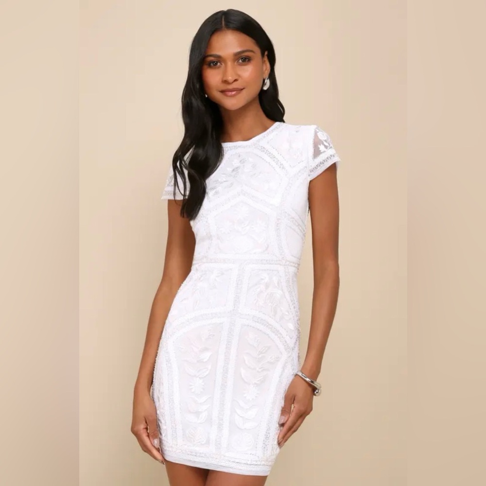Lulu's White Sequin Embroidered Bodycon Mini Dress